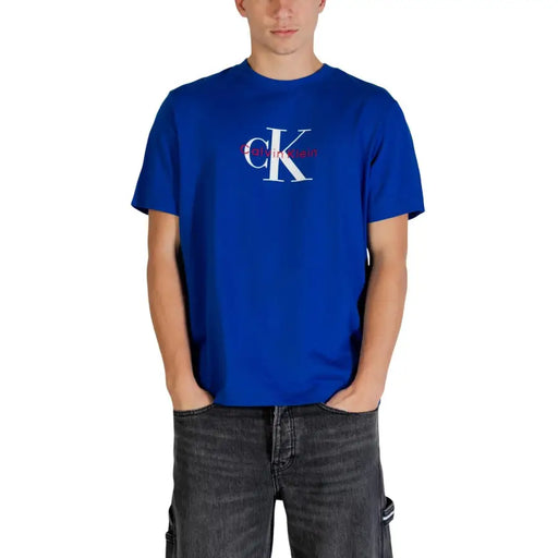 Maroon calvin klein t shirt featuring a blue fabric with a white and red ck logo on the chest for casual wear