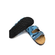 Mc2 Saint Barth Herren-Sandalen aus blauer Camouflage-Baumwolle mit silbernen Schnallen und Korkfußbett im Birkenstock-Stil