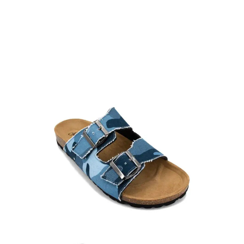 Mc2 Saint Barth Herren-Sandalen aus blauer Camouflage-Baumwolle mit zwei silbernen Schnallenriemen und Korkfußbett