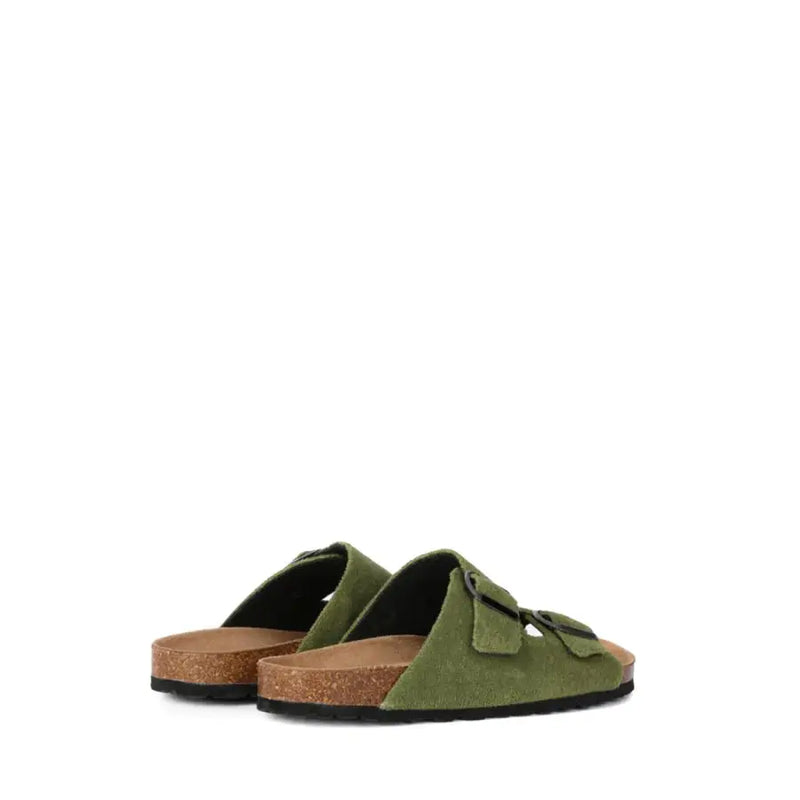 Olivgrüne Wildleder-Sandalen mit schwarzen Schnallenriemen und Korkfußbett von Mc2 Saint Barth, grüne Baumwollpantoffeln für Damen