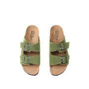 Olive green suede sandals by mc2 saint barth with two silver buckle straps and cork footbed open toe slippers