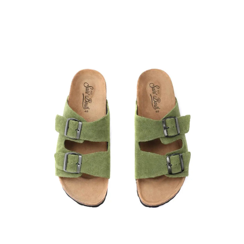 Olive green suede sandals by mc2 saint barth with two silver buckle straps and cork footbed open toe slippers