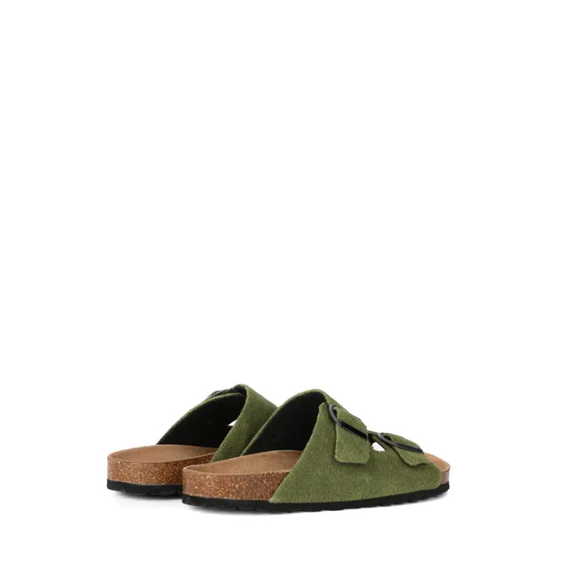 Olive green suede slide sandals with black buckle straps and cork footbed from Mc2 Saint Barth women green cotton slippers