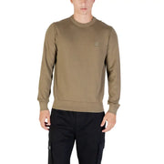 Olive green crew neck sweatshirt with a small face logo on the chest.