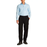 A man wearing men’s black cargo pants by Calvin Klein paired with a light blue long-sleeved button-up shirt