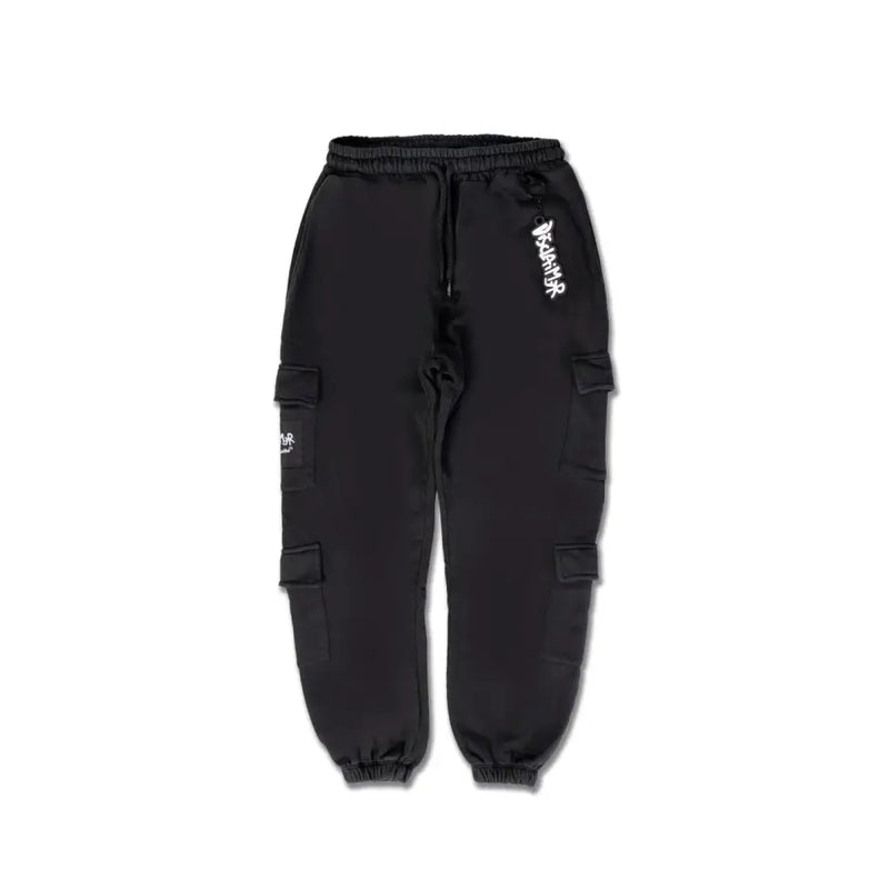 Men’s black cotton cargo pants with laces and multiple pockets featuring white graffiti-style lettering on the thigh