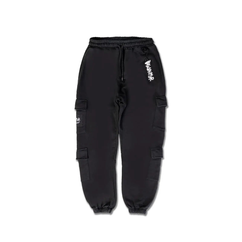 Men’s black cotton cargo pants with laces and multiple pockets featuring white graffiti-style lettering on the thigh