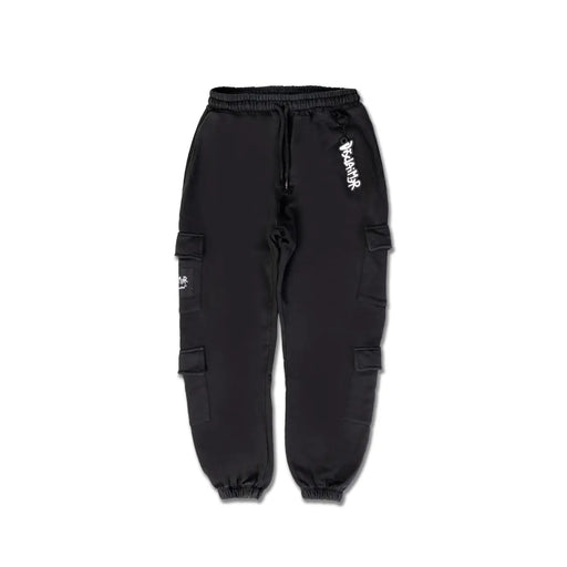 Men’s black cotton cargo pants with laces and multiple pockets featuring white graffiti-style lettering on the thigh