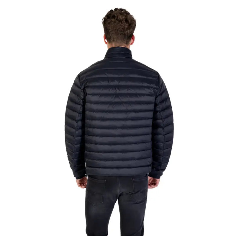 Men’s black quilted puffer jacket with horizontal stitching and high collar for warmth and style
