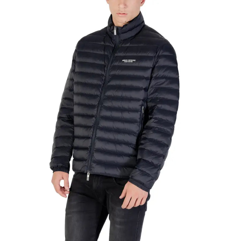 Men’s black quilted puffer jacket with horizontal stitching and subtle white logo on the chest