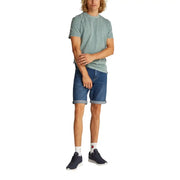 Mens blue denim shorts with rolled cuffs showcasing casual style and durable cotton fabric material