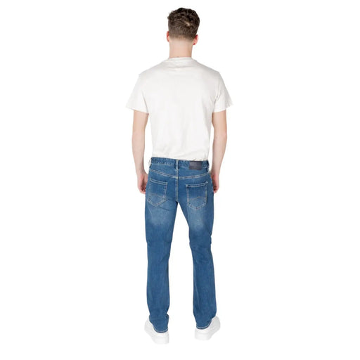 Men’s blue denim jeans by Armani Exchange with a classic straight-leg cut and subtle fading detail