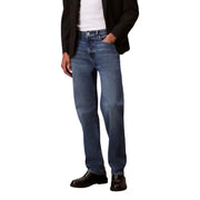 Men’s blue jeans in classic straight-leg denim with medium-wash blue color and subtle fading for a worn-in look