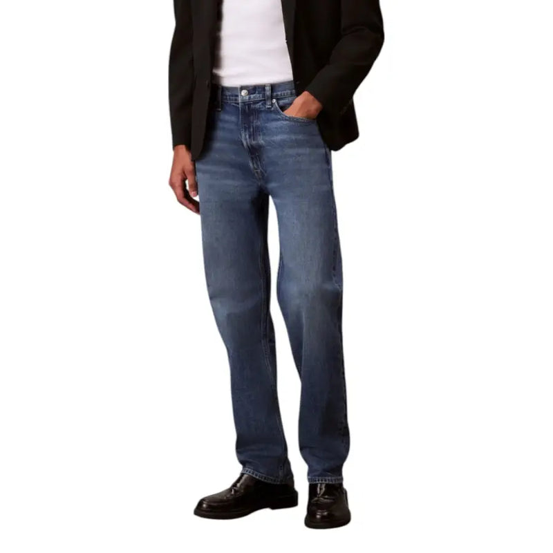 Men’s blue jeans in classic straight-leg denim with medium-wash blue color and subtle fading for a worn-in look