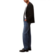 Men’s blue jeans in dark blue denim with a straight-leg cut and classic five-pocket design with visible stitching