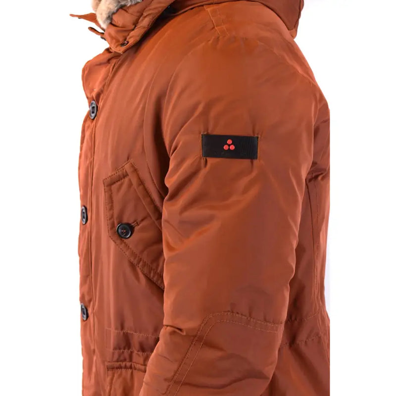 Mens brown fur trimmed hooded parka in rust color with quilted design and black patch on upper sleeve