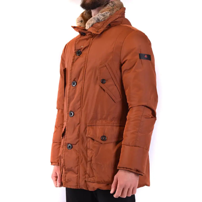Mens brown fur trimmed hooded parka with rust-colored quilted fabric and fur-lined hood with black buttons