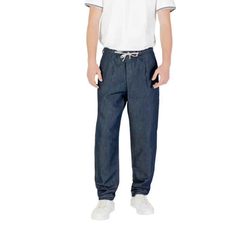 Men’s dark blue denim drawstring pants with a relaxed fit and white drawstring waistband for casual wear