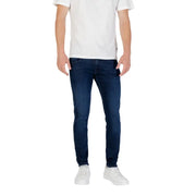 Mens dark blue slim fit denim jeans with a classic five pocket design and subtle fading along the thighs