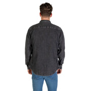 Men’s gray denim long sleeve shirt with dark gray button-up front and classic collar design