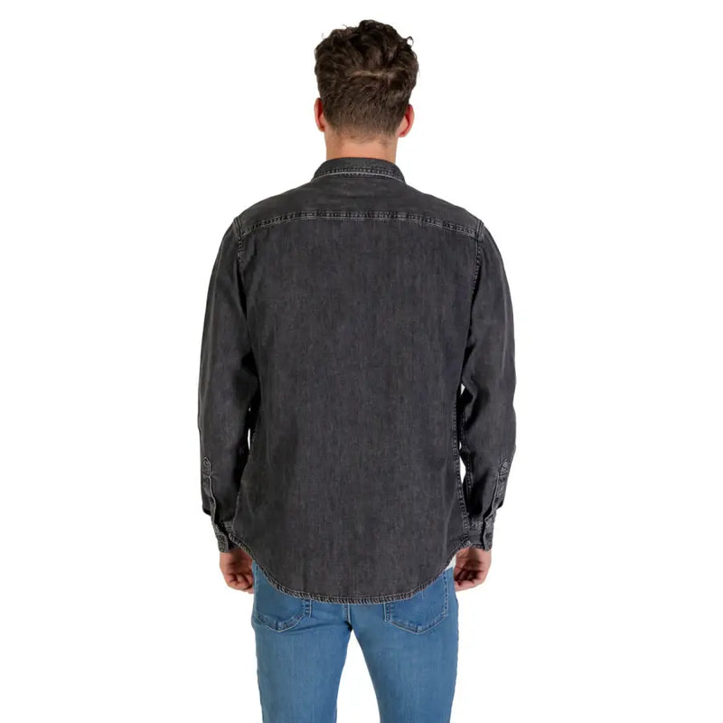 Men’s gray denim long sleeve shirt with dark gray button-up front and classic collar design