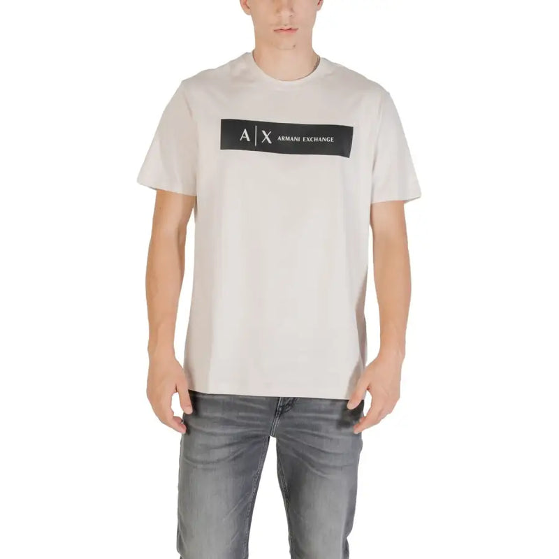 Mens cream-colored Armani Exchange t-shirt with a black rectangular logo featuring white lettering across the chest