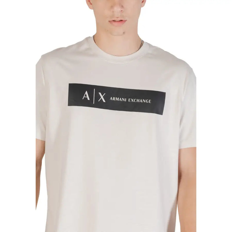 Mens light colored off-white Armani Exchange t-shirt with bold black rectangular logo and white A|X Armani Exchange text