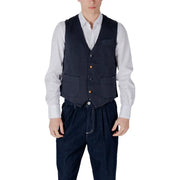 Men’s navy wool vest featuring contrasting orange buttons and two front pockets for a stylish look