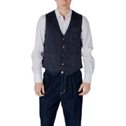 Men’s navy wool vest featuring contrasting orange buttons and two front pockets for a stylish look