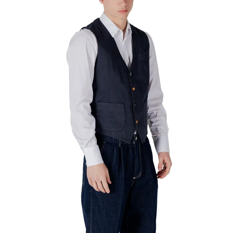 Men’s navy wool vest with dark navy color, brown wooden buttons, and two front pockets for stylish layering