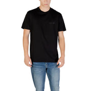 Men’s black short-sleeve T-shirt paired with blue jeans, displayed in Men’s Teal Crew Neck T Shirt product image