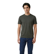 Men’s teal crew neck t shirt made of olive green cotton with subtle embroidered logo on the left chest