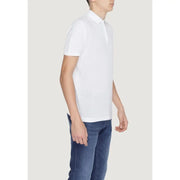 Men’s white polo shirt with short sleeves, classic collar, and neat stitching in breathable cotton material