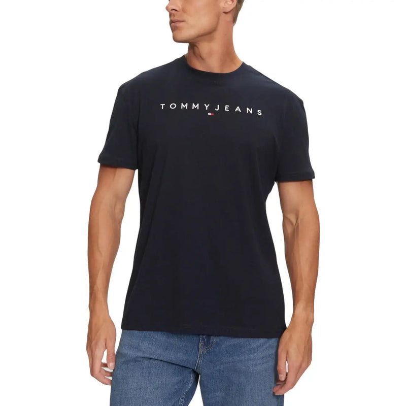 Mens short sleeve tommy jeans t shirt in black cotton with white logo across the chest for casual wear