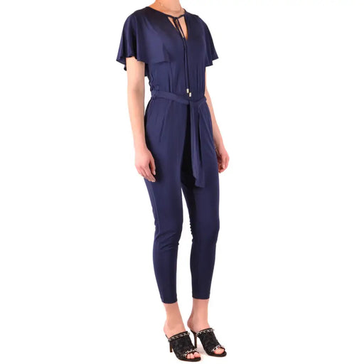 Marineblauer Jumpsuit von Michael Kors aus Satin-Viskose mit Rüschen und Gürtel