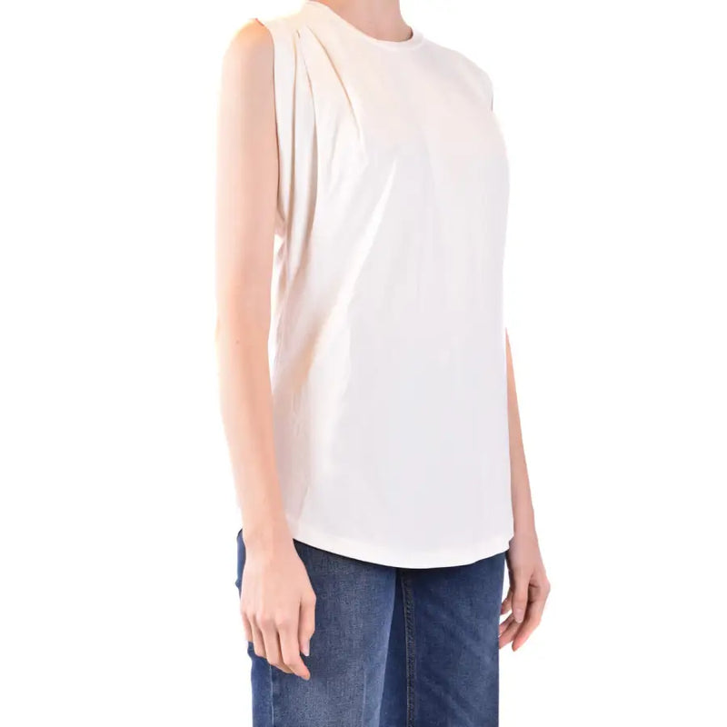 Michael Kors white cotton sleeveless tank top for women with cream color relaxed fit and pleated shoulder details