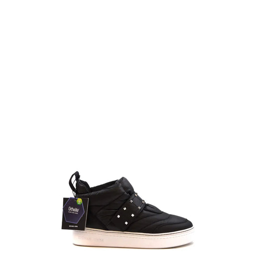 Schwarze, gesteppte Nylon-Sneaker von Michael Kors für Damen mit Ortholite-Einlegesohlen, Lederbesatz, silbernen Nieten und weißer Gummisohle