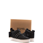 Michael Kors women black nylon high-top sneakers with leather trim quilted texture and silver-tone studded strap