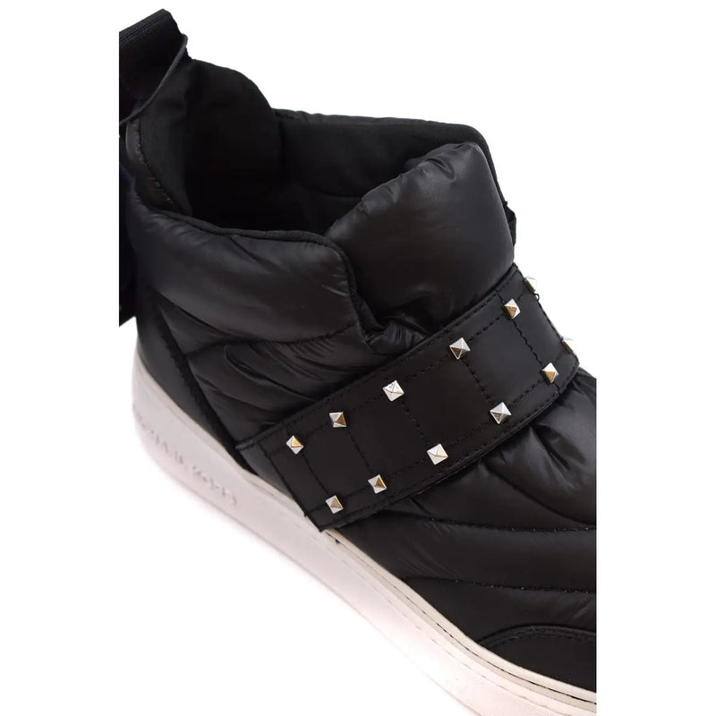 Michael Kors women black quilted nylon high-top sneakers with leather trim silver pyramid studs and white rubber sole