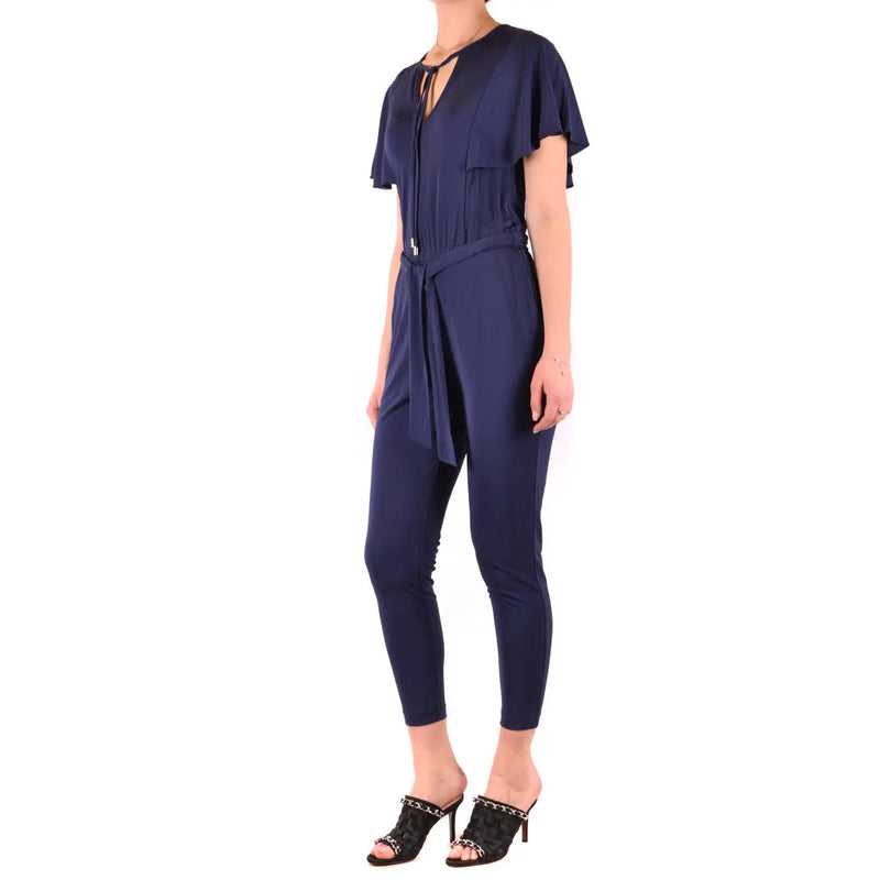 Marineblauer Satin-Jumpsuit von Michael Kors für Damen mit kurzen, flatternden Ärmeln und einem Bindegürtel aus Viskose