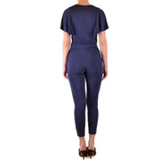 Marineblauer Satin-Jumpsuit von Michael Kors für Damen mit kurzen, flatternden Ärmeln, tailliertem Bund und Viskose-Gewebe
