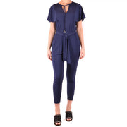 Marineblauer Michael Kors Damen-Jumpsuit aus Viskose mit kurzen Ärmeln, V-Ausschnitt mit Bindeband vorne und passendem Gürtel