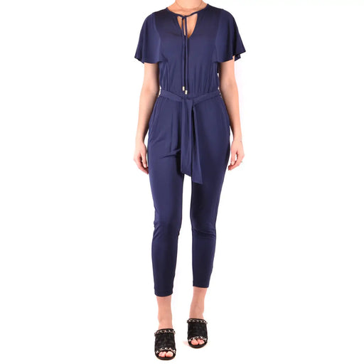 Marineblauer Michael Kors Damen-Jumpsuit aus Viskose mit kurzen Ärmeln, V-Ausschnitt mit Bindeband vorne und passendem Gürtel