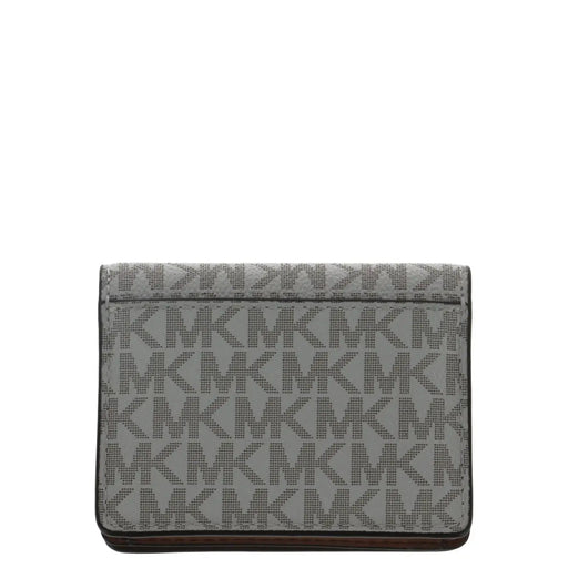 Graue Michael Kors Damen-Geldbörse mit sich wiederholendem Monogrammmuster und dunkelbraunem Lederbesatz, beigefarbenes Knopffach