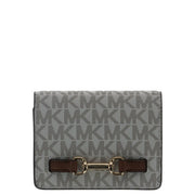 Graue Michael Kors Damen-Geldbörse mit Monogrammmuster und braunem Lederriemenverschluss, 10,5 x 8 x 3 cm