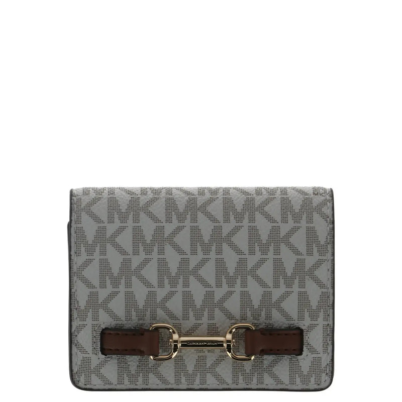 Graue Michael Kors Damen-Geldbörse mit Monogrammmuster und braunem Lederriemenverschluss, 10,5 x 8 x 3 cm