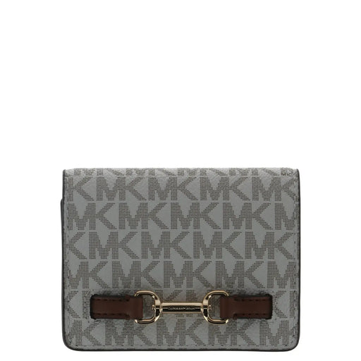 Graue Michael Kors Damen-Geldbörse mit Monogrammmuster und braunem Lederriemenverschluss, 10,5 x 8 x 3 cm