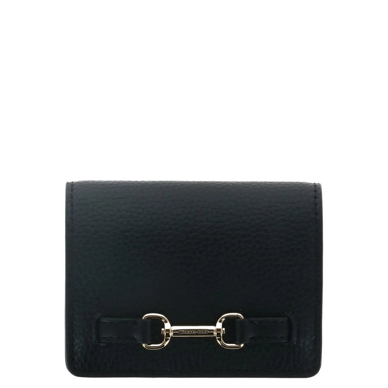 Schwarze Michael Kors Damen-Geldbörse aus Leder mit goldfarbenem Trensenverschluss und Taschenknöpfen, 10,5 x 8 x 3 cm