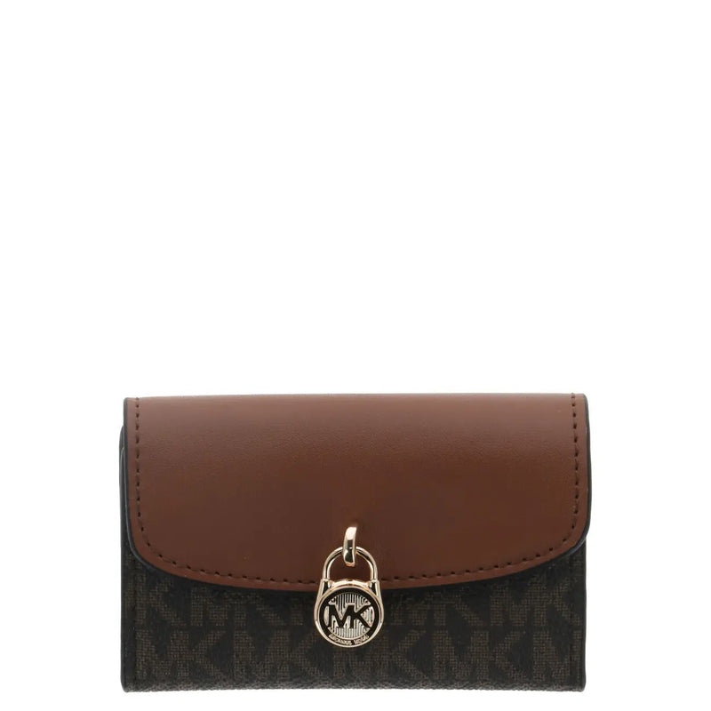 Michael Kors Damen-Geldbörse aus braunem Leder mit goldfarbenem Verschluss auf schwarzem Monogrammmuster