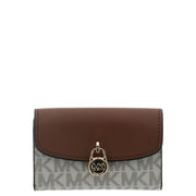 Michael Kors Damen-Geldbörse aus braunem Leder mit goldfarbenem Verschluss und grau-weißem Monogramm-Musterfach